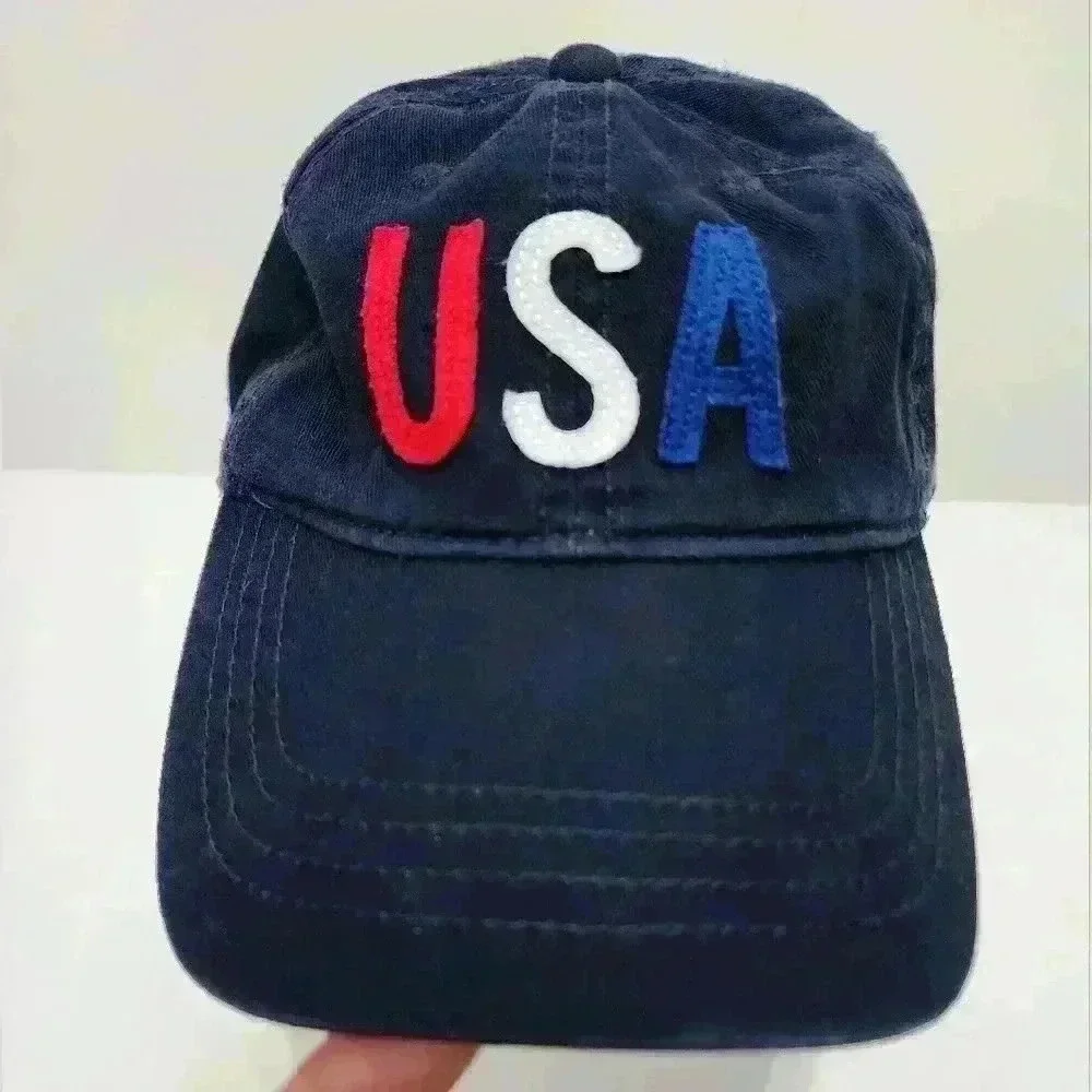 Old Navy USA Baseball Cap Hat Adjustable Strap Navy Red Blue Embroidered OS
